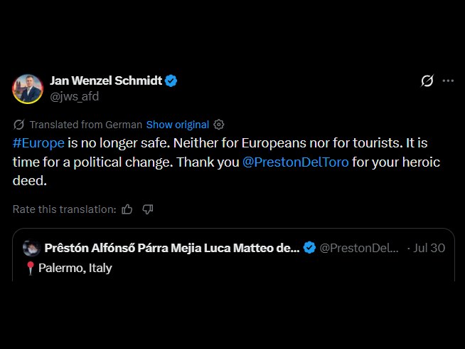 Post by Bundestag member Jan Wenzel Schmidt thanking Preston for his heroic deed in Palermo