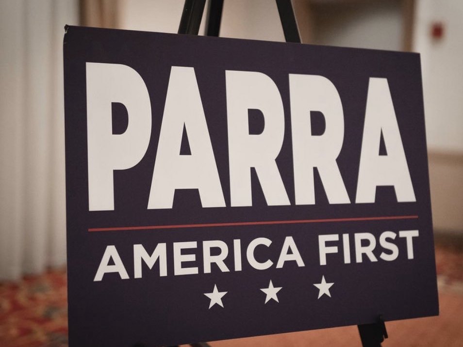 Parra America First campaign sign on an easel