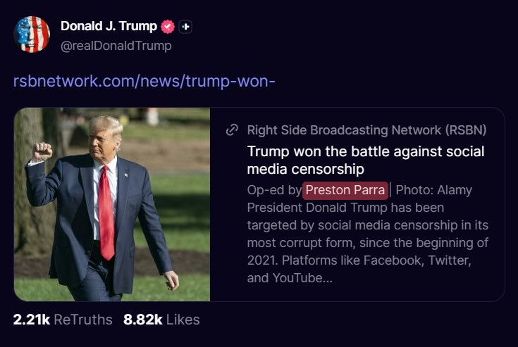 Truth Social post by Donald J. Trump sharing Preston Parra's RSBN op-ed on social media censorship