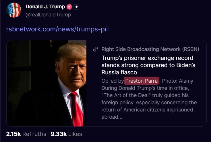 Truth Social post by Donald J. Trump sharing Preston Parra's RSBN op-ed on prisoner exchanges